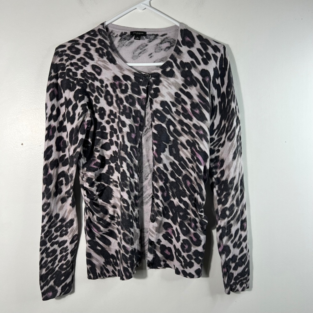 Ann Taylor Silk Cotton Cashmere Animal Print Cardigan Black Gray Purple Mβ